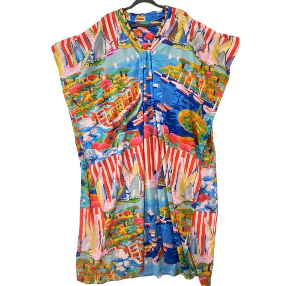 ANTICA SARTORIA by Giacomo Cinque OS Beaded Maxi sailboat Beach CoverUp Kaftan